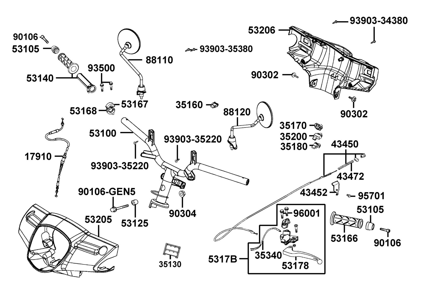 LIKE 50(2013~) Handle Steering ● Handle Cover parts diagram